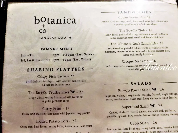 バンガール・サウスのBotanica + Coディナーメニュー。シェアプレート、サンドイッチ、サラダの価格一覧。