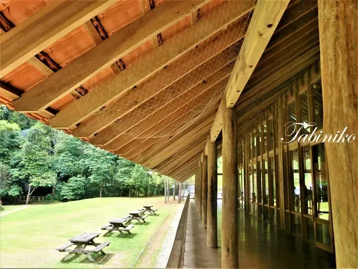 Long wooden veranda with pillars overlooking a grassy lawn and picnic tables at a tropical resort.