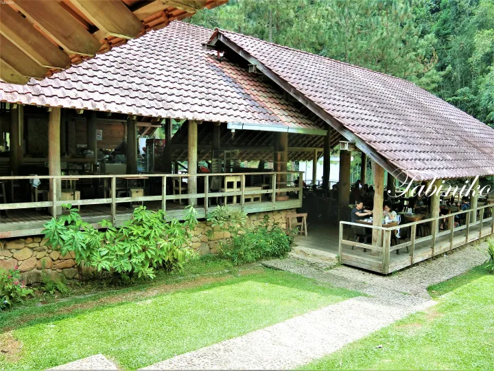 緑豊かな環境に建つ、屋根付きの開放的なデッキを持つ木造コテージ。