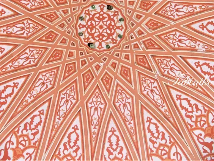 Intricate geometric and floral ceiling design in warm terracotta tones at a heritage property.