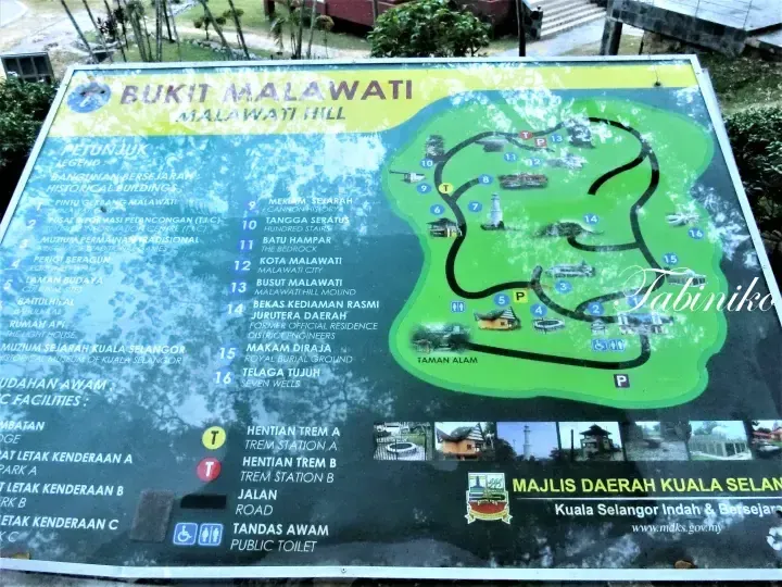 Map of Bukit Malawati showing historical sites like the lighthouse and museums in Kuala Selangor.