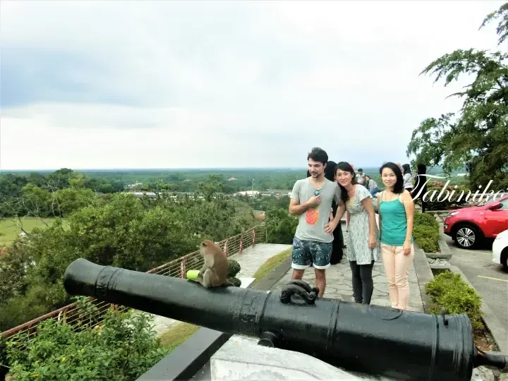 Tourists pose with a historic cannon and monkey at a scenic overlook in Malaysia.