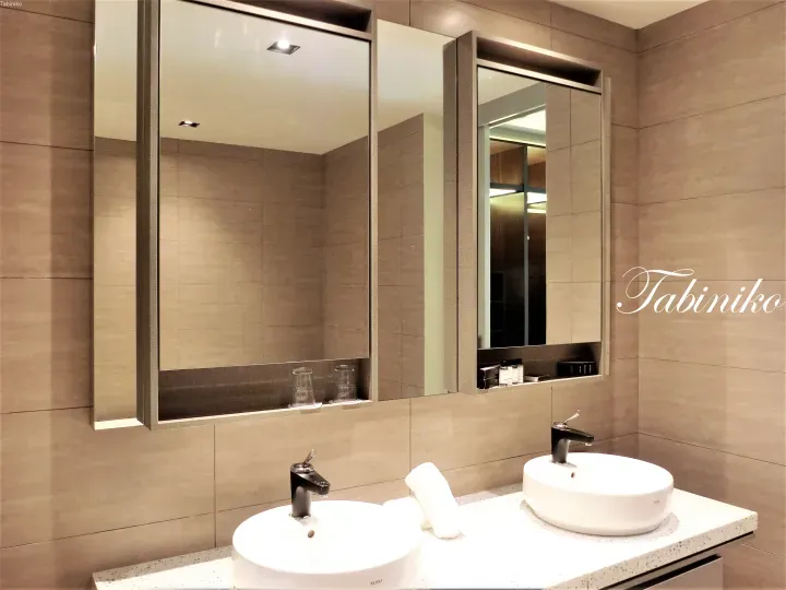 Modern bathroom with dual white vessel sinks, dark faucets, and large mirrored cabinets with built-in storage shelves.