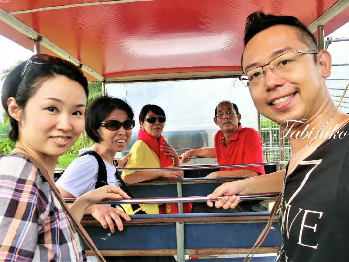 赤い屋根のオープンカーで笑顔を見せる5人のグループ。マレーシアの観光ツアーの一場面。