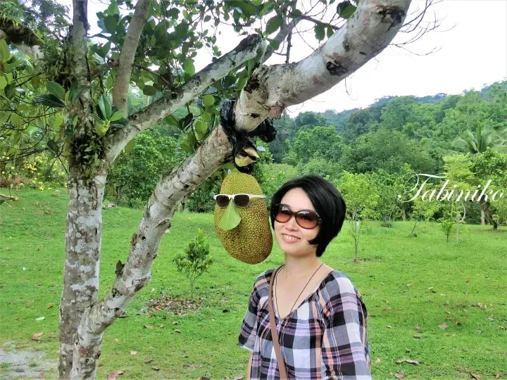 Woman posing with a jackfruit wearing sunglasses in a lush green garden.