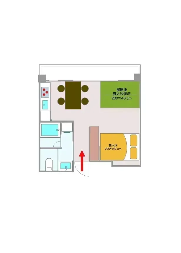 顯示雙人床、沙發床、用餐區和浴室佈局的平面圖。