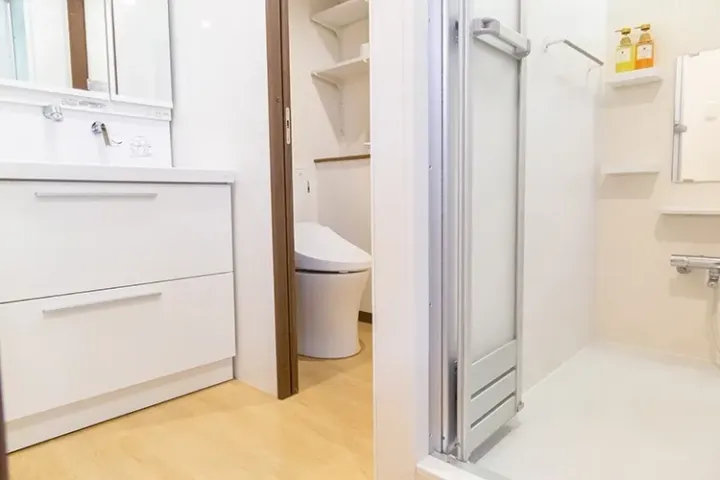 Modern bathroom with white vanity, wooden floor, and separate toilet and shower compartments.