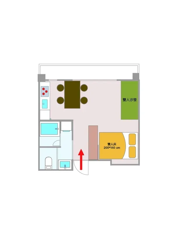 Floor plan showing a bedroom with a double bed, living area with a double sofa, and dining space with a table and four chairs.
