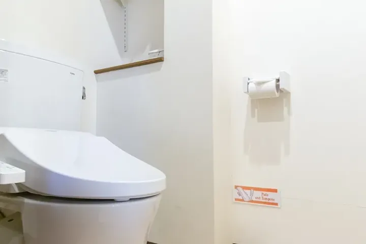 Modern white toilet with bidet seat and grab bar in a clean, accessible bathroom.