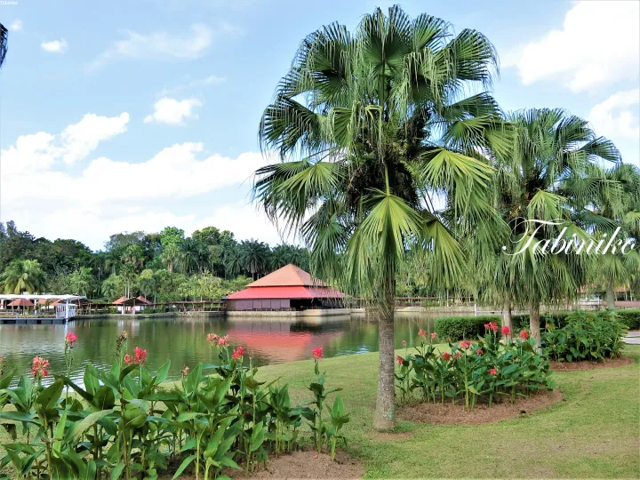 Tropical palm trees and red flowers frame a lake view of a resort building with a distinctive red roof.