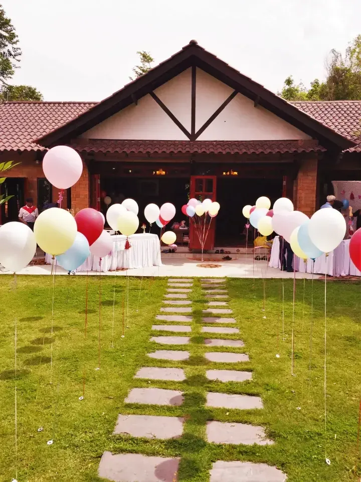 Colorful balloons line a stone path leading to a house with a gabled roof, set up for a festive outdoor celebration.