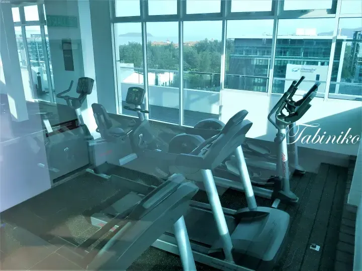 Modern gym with Life Fitness equipment overlooking the sea and Gleneagles Kota Kinabalu through large windows