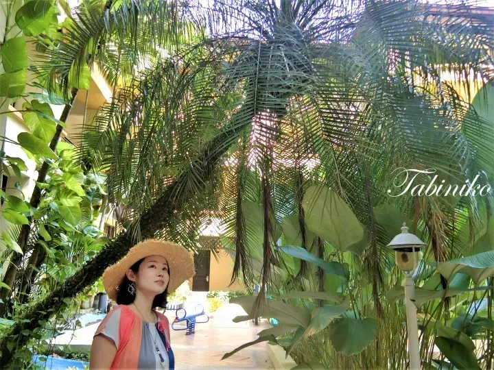 Woman in straw hat admiring lush tropical foliage at a resort garden.