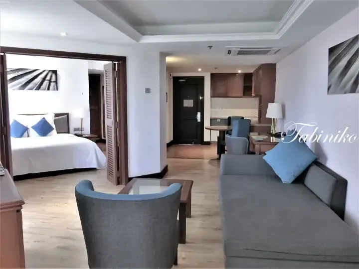 Spacious suite interior with grey sofa, blue cushions, wooden flooring, and a view into the bedroom and kitchen area.
