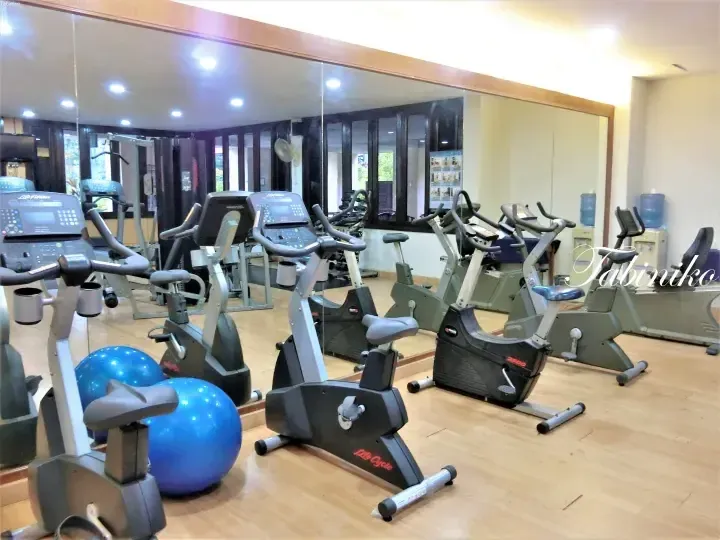 Well-equipped gym featuring Life Fitness stationary bikes and blue exercise balls in a bright fitness center.
