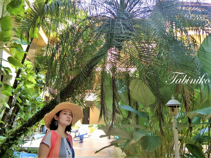 リゾートの庭園で熱帯植物を眺める麦わら帽子の女性。
