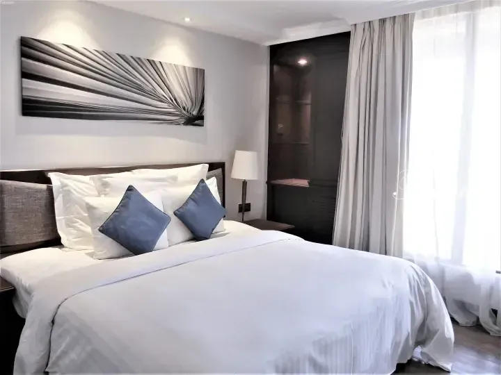 Modern hotel bedroom with a large bed, blue accent pillows, and a black and white abstract wall art piece.
