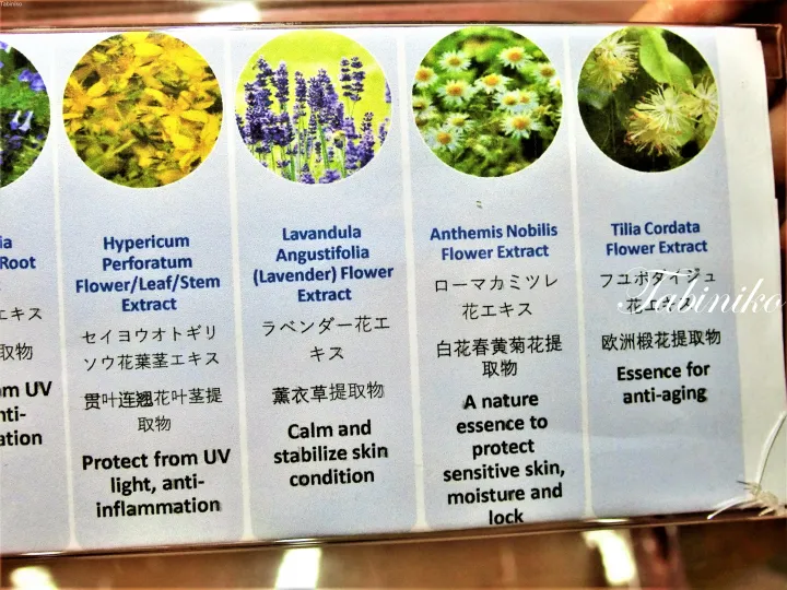 ラベンダーやカミツレなどの植物成分を多言語で解説したスキンケア製品の箱のクローズアップ。