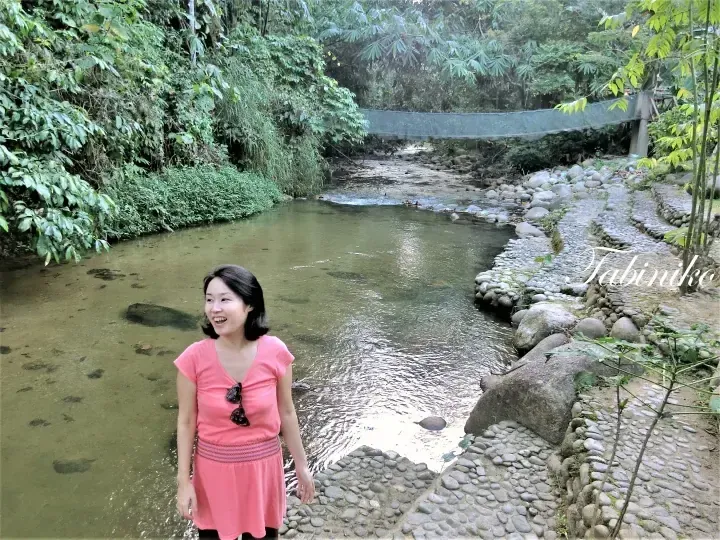 Woman in pink dress smiling beside a stream with stone paths and a bridge in a lush Malaysian forest.