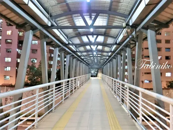 Covered pedestrian bridge with metal roof and railings connecting residential buildings at night.