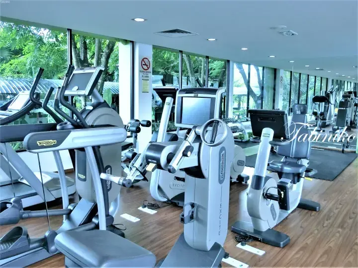 Technogym Excite cardio equipment in a bright hotel gym with large windows overlooking lush greenery.