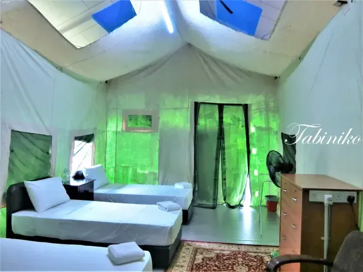 Interior of a spacious glamping tent featuring two single beds, wooden furniture, and a skylight.