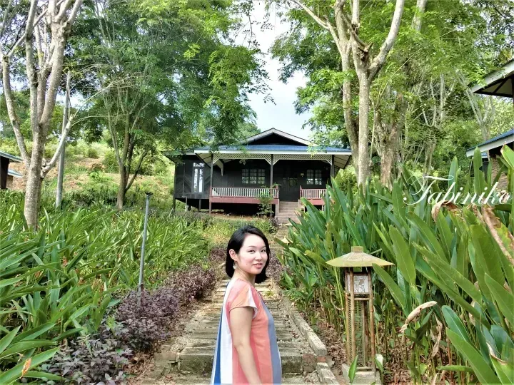 Woman in a colorful dress standing on a garden path leading to a traditional wooden chalet surrounded by lush greenery.