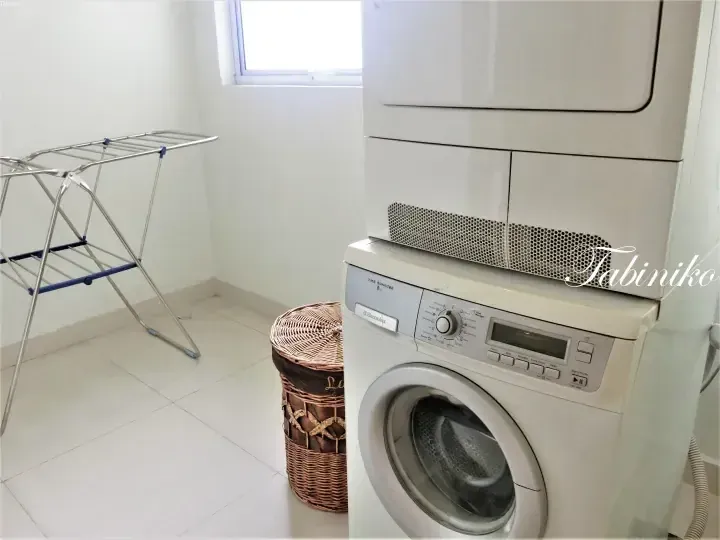 Electrolux washing machine stacked with a dryer in a bright laundry room with a drying rack and wicker basket