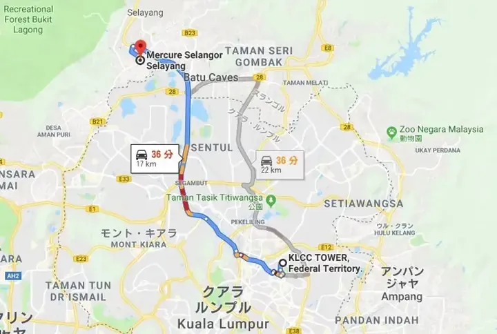Map showing driving routes from KLCC Tower to Mercure Selangor Selayang with travel times and distances.