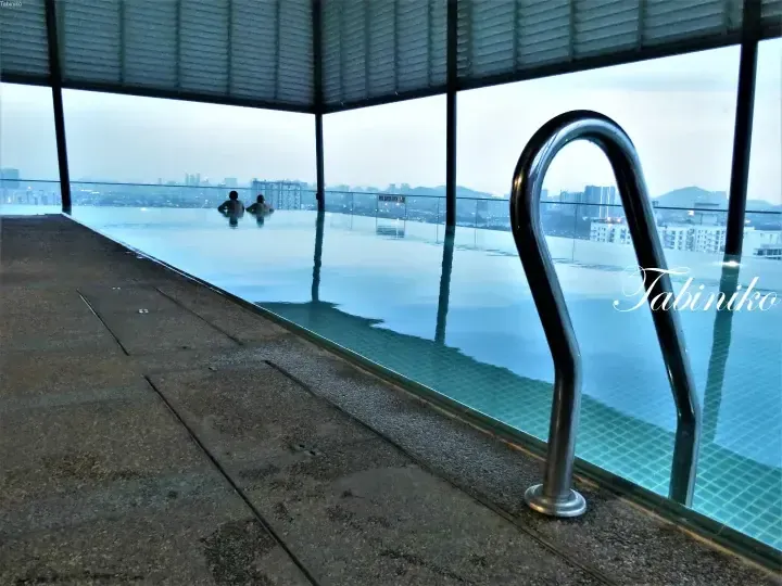 Infinity pool with city skyline view at dusk, featuring two people relaxing in the water and a metal ladder in the foreground.