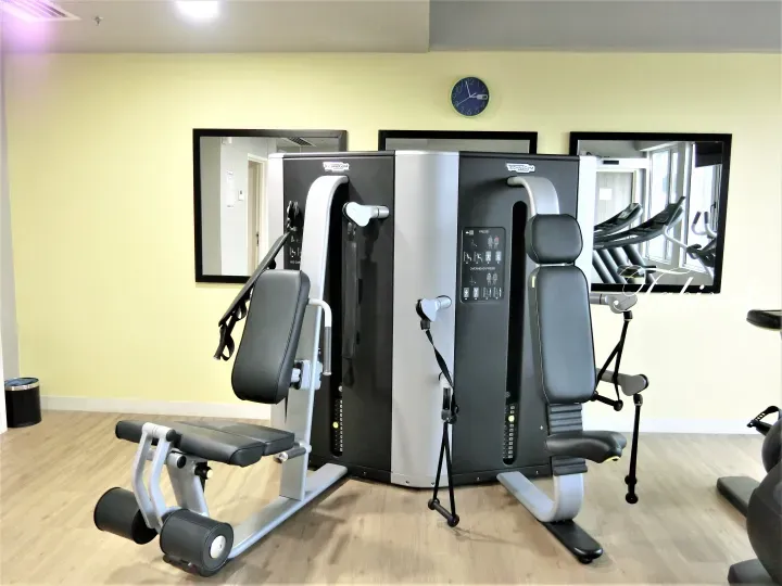 配有鏡子和淺色木地板的現代酒店健身房中的Technogym力量訓練器械。