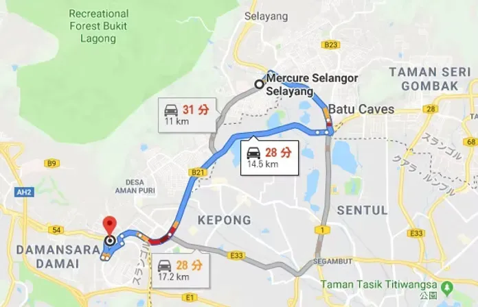 顯示從Damansara Damai到Mercure Selangor Selayang的行車路線、時間和距離的地圖。