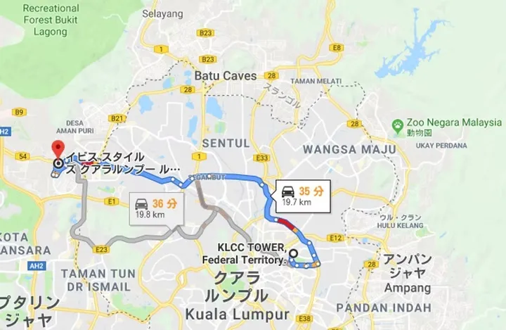 KLCCタワーへの所要時間35分、距離19.7kmを示す、Ibis Styles Kuala Lumpurからのルートマップ。