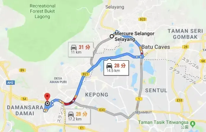Map showing driving routes from Damansara Damai to Mercure Selangor Selayang with travel times and distances.