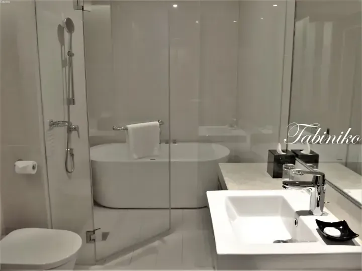 Modern bathroom with a freestanding bathtub, glass shower enclosure, and white vanity sink in a luxury hotel suite.