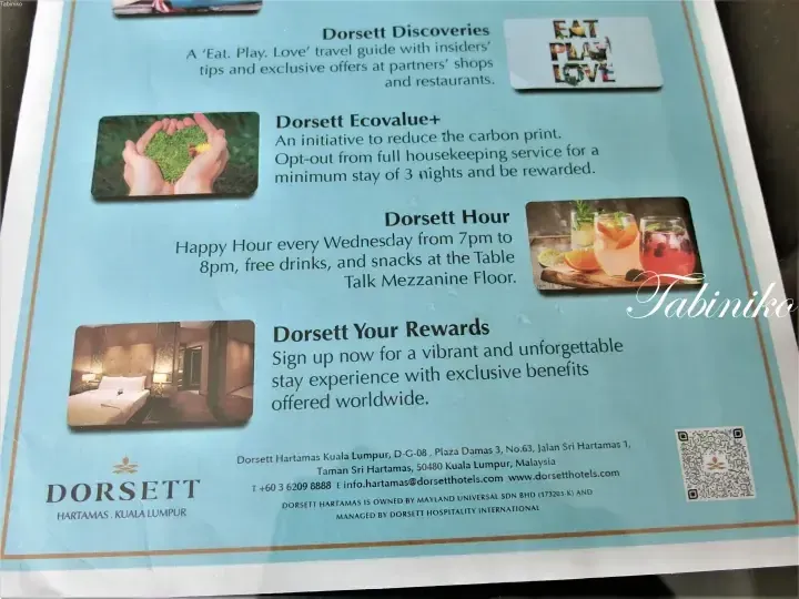 Dorsett Hartamas Kuala Lumpur brochure featuring Dorsett Discoveries, Ecovalue+, Hour, and Your Rewards programs.