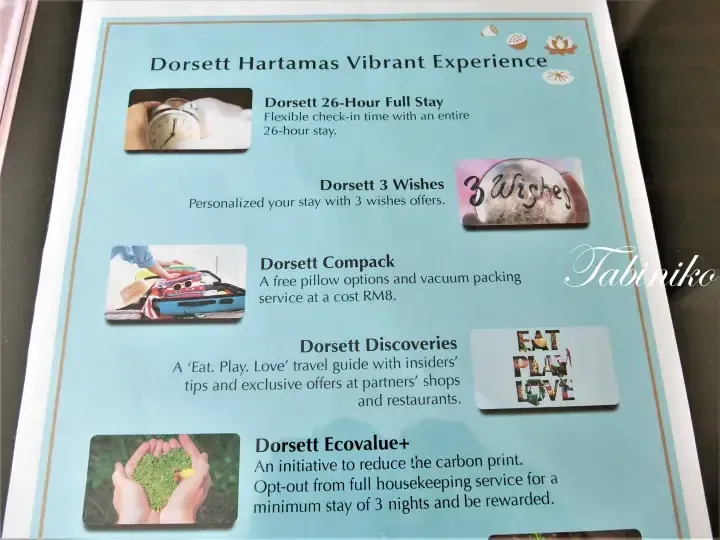 Dorsett Hartamas Vibrant Experience brochure listing services like 26-Hour Full Stay, 3 Wishes, Compac, Discoveries, and Ecovalue+.