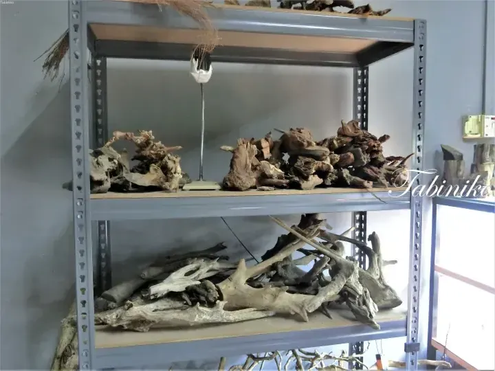 Grey metal shelving unit displaying various types of driftwood and natural wood pieces for home decoration.