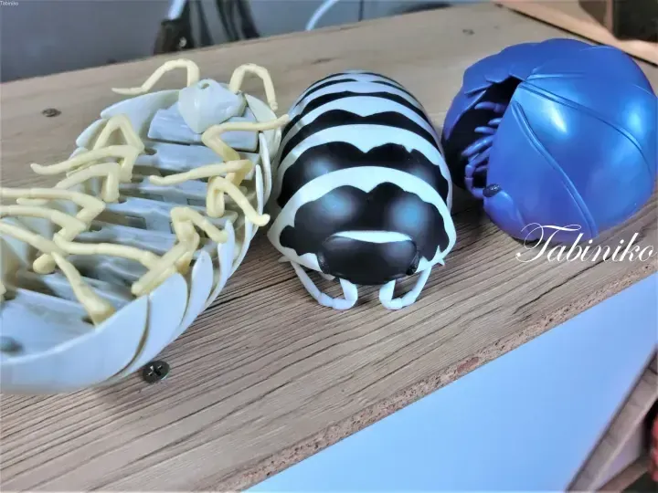 Three colorful pill bug toys on a wooden table, showing a white open model, a black and white striped one, and a blue one.