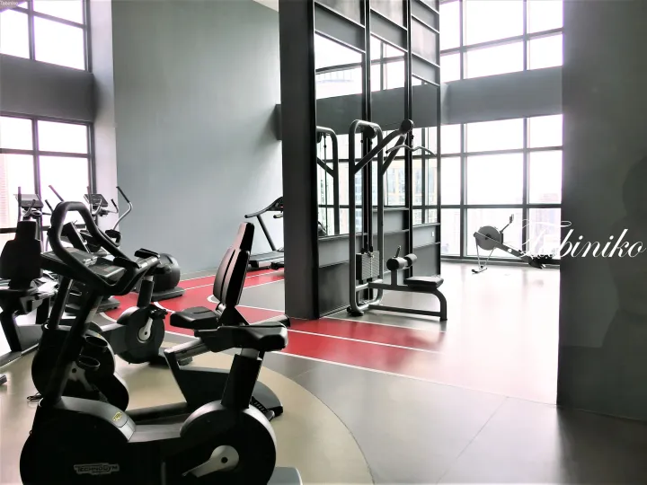大きな窓と都市の眺めがあるモダンなジム、Technogymのバイクとウェイトマシン