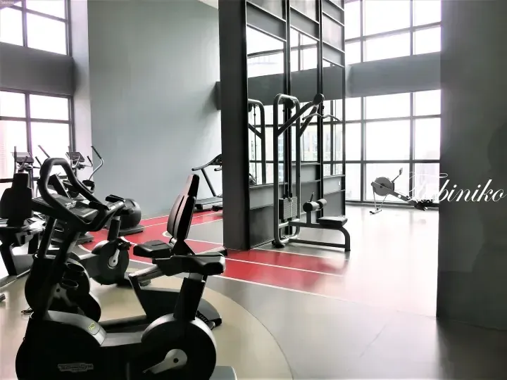 Modern gym interior with Technogym stationary bikes and weight machines near large windows with city views