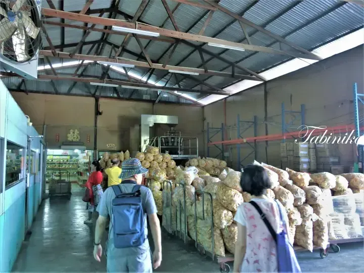 Tourists explore a warehouse filled with large bags of golden fried snacks and packaged goods.