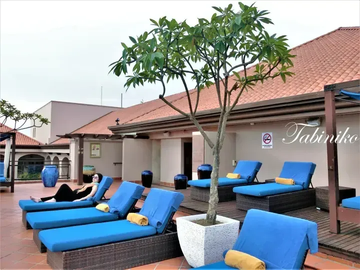 Blue lounge chairs on a tiled terrace with a frangipani tree at a resort in Malaysia.