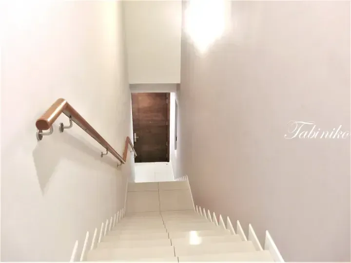 Modern staircase with white steps and wooden handrail leading to a dark wooden door in a bright interior.