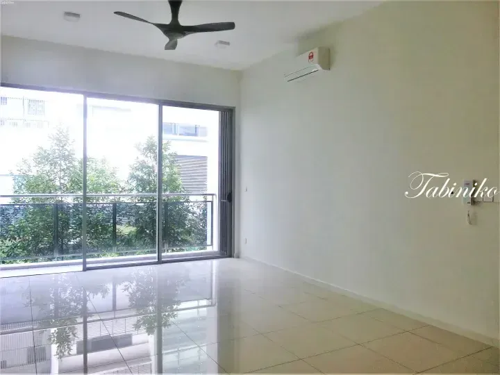 Bright empty living room with glossy tiled floors, ceiling fan, air conditioner, and large sliding glass doors opening to a balcony.