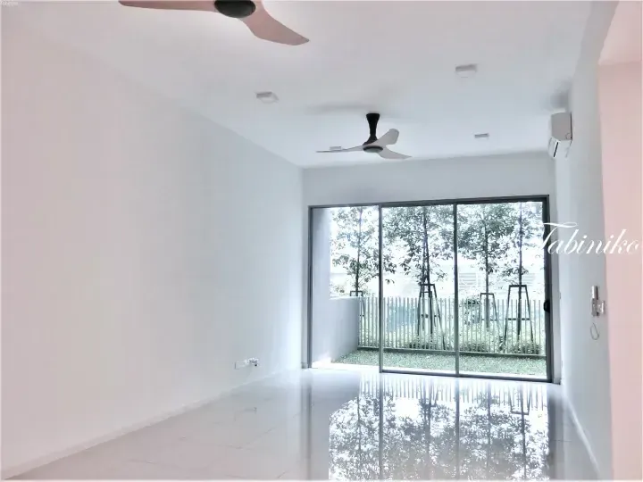 Bright empty living room with glossy tiled floors, ceiling fans, and large glass sliding doors opening to a private garden.