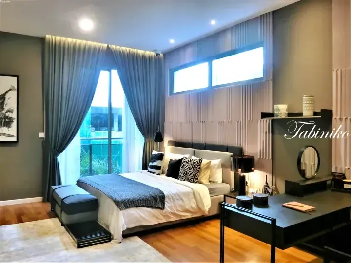 Modern bedroom interior with a double bed, blue curtains, and a large window overlooking greenery.