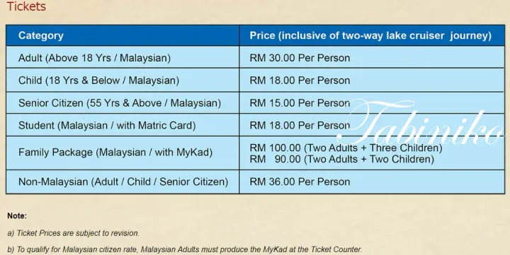 マレーシア人向け料金表を含むTabinikoの入場券価格一覧。大人、子供、シニア、学生、ファミリー、外国人の料金を示しています。