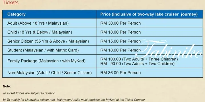 Ticket price list for Tabiniko showing rates for Malaysian adults, children, seniors, students, families, and non-Malaysians.
