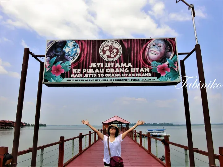 Visitor at Bukit Merah Orang Utan Island jetty with sign reading Main Jetty to Orang Utan Island